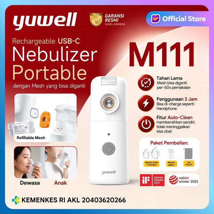 YUWELL - Nebulizer Portable M107 M111 M113 | Alat Terapi Uap Pernapasan Batuk Pilek Anak Dewasa - foto 3