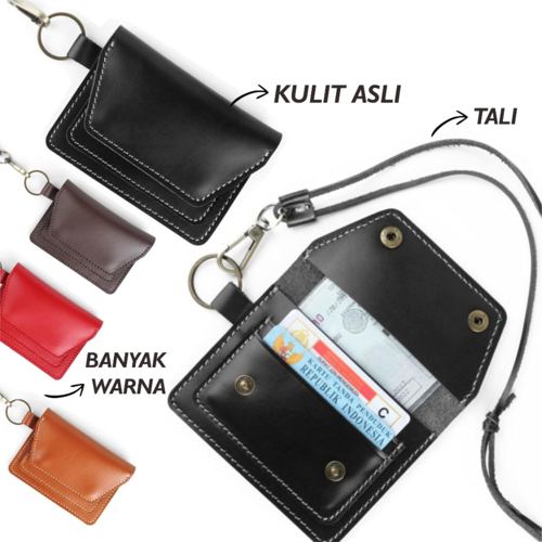 Dompet kartu uang gantung simpel kulit asli dengan tali leher - hanging wallet model kancing
