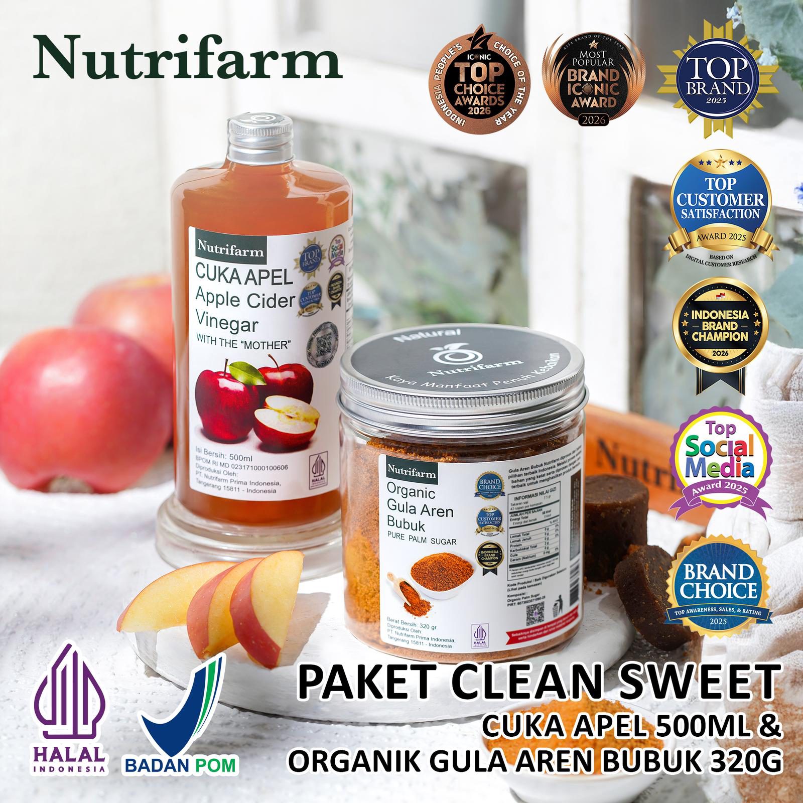 NUTRIFARM PAKET CLEAN SWEET / CUKA APEL 500ML DAN GULA AREN BUBUK 320GR