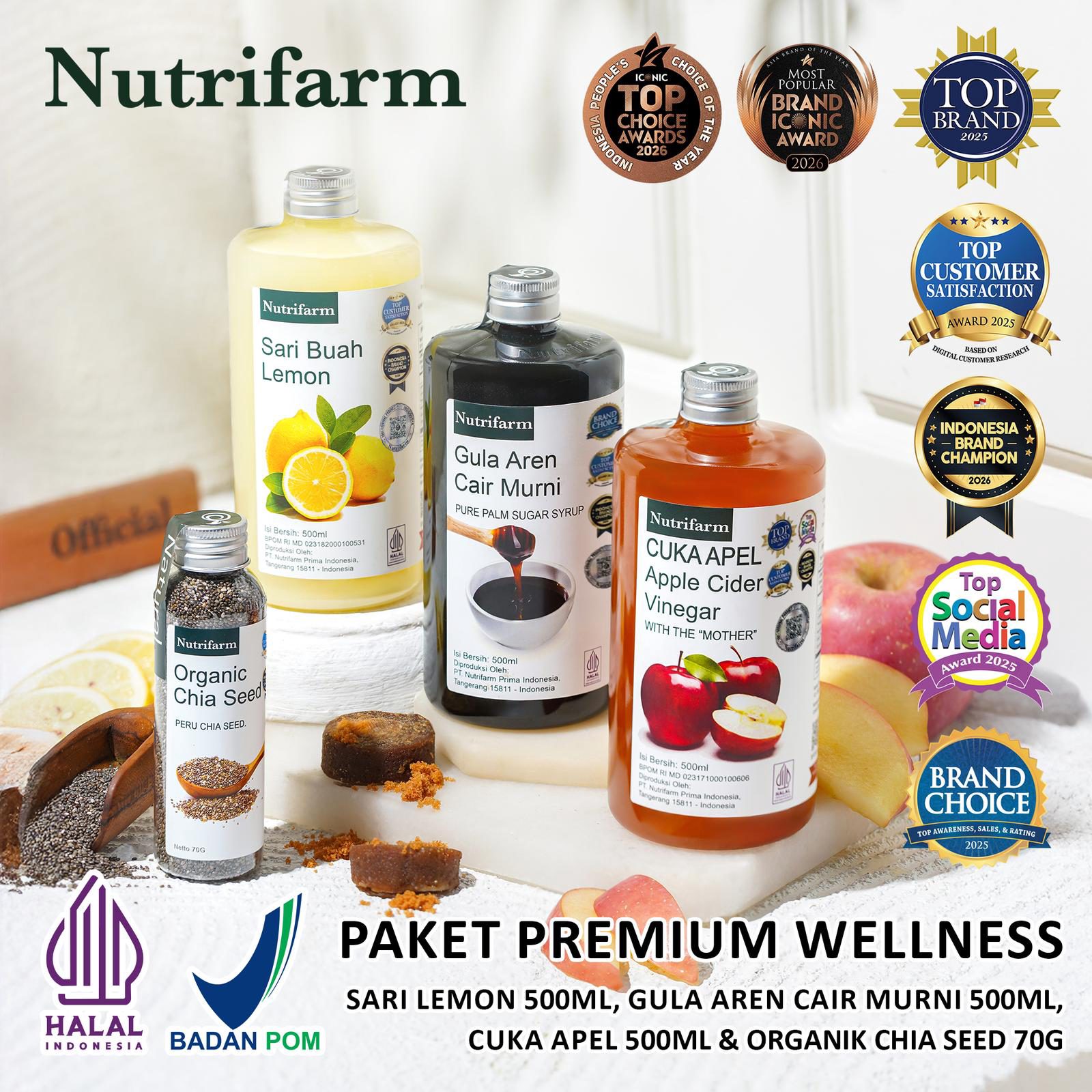 NUTRIFARM PAKET CUKA APEL SARI LEMON GULA AREN CAIR DAN CHIA SEED - PAKET PREMIUM WELLNESS
