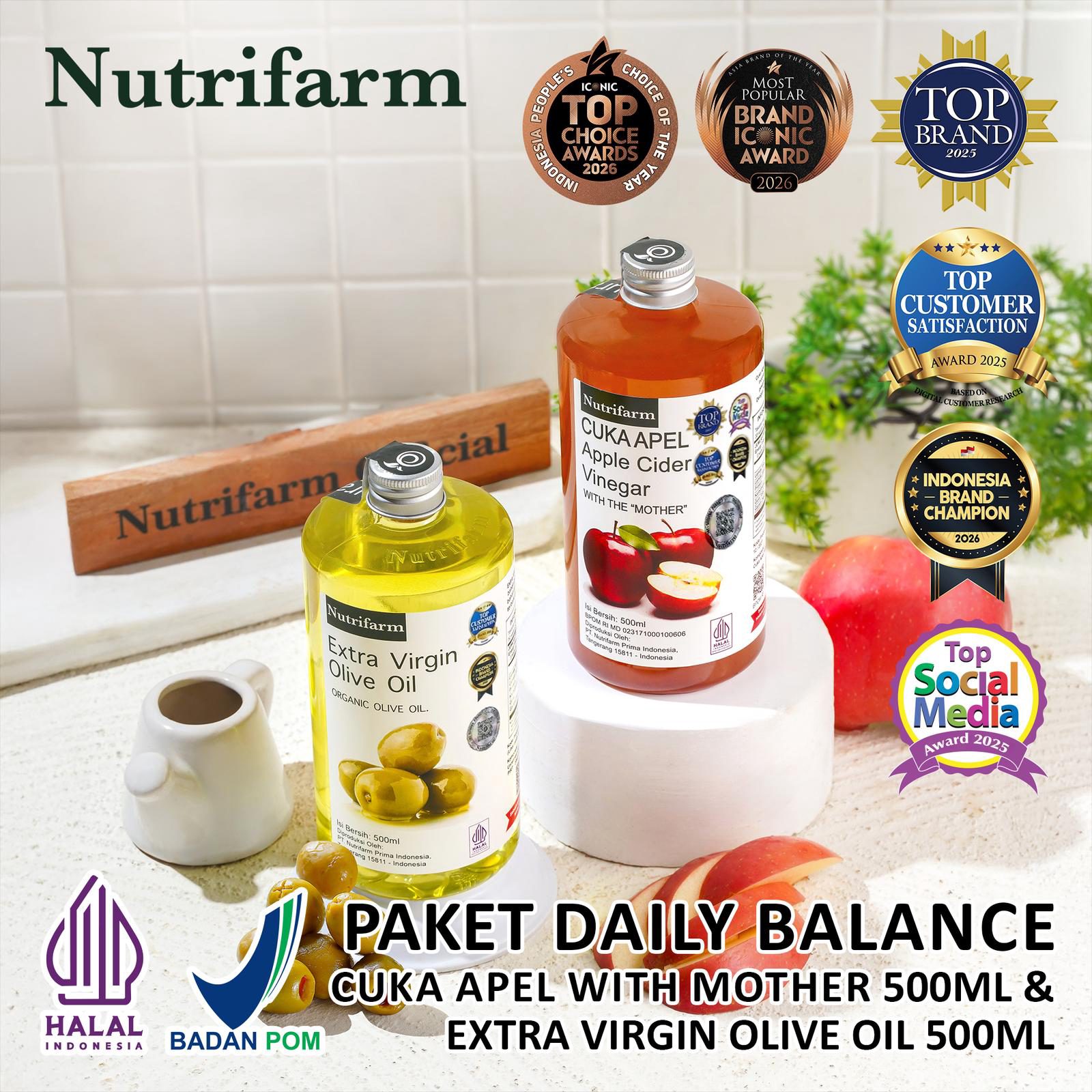 NUTRIFARM PAKET DAILY BALANCE / CUKA APEL 500ML DAN EXTRA VIRGIN OLIVE OIL 500ML