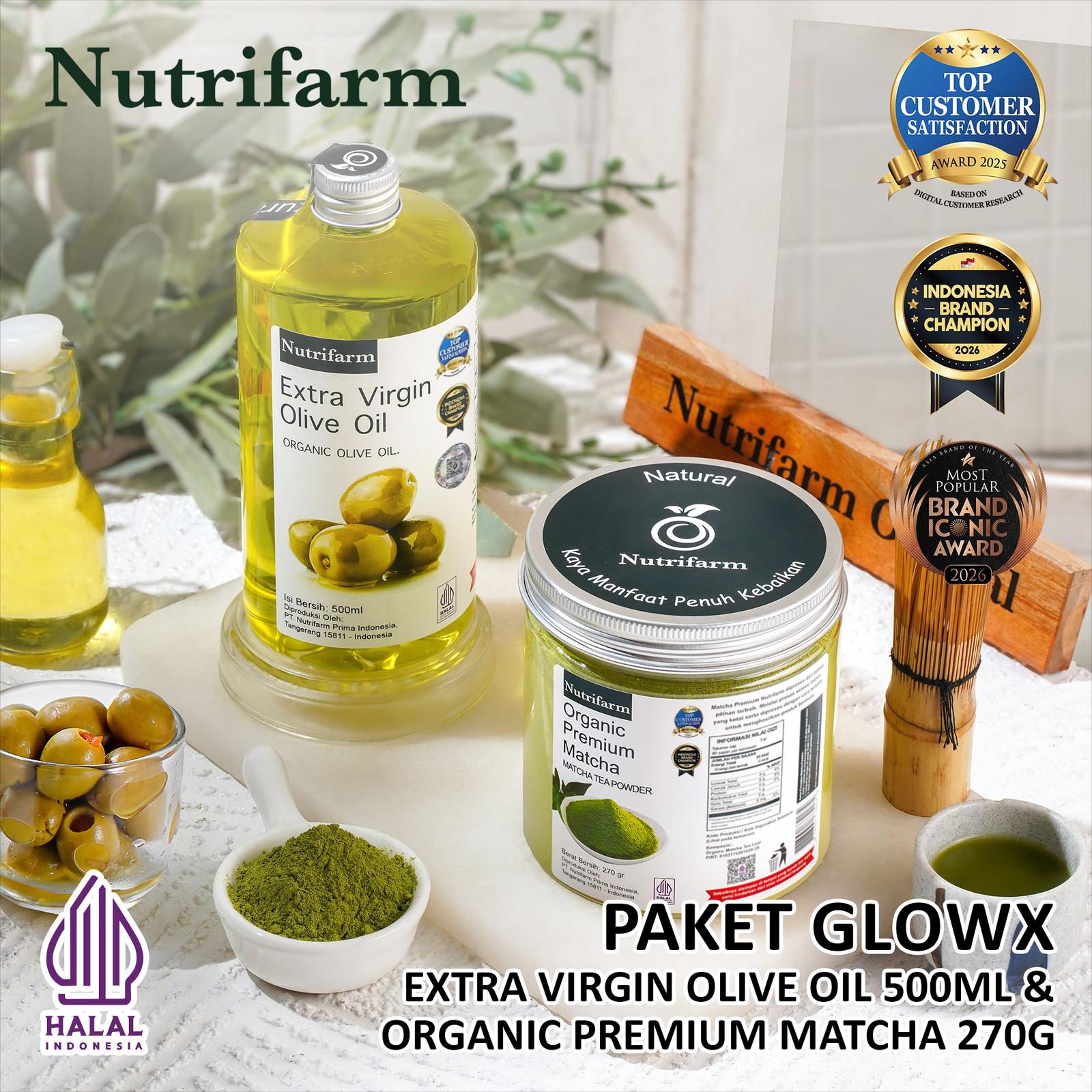 NUTRIFARM PAKET GLOW X / EXTRA VIRGIN OLIVE OIL 500ML DAN ORGANIC PREMIUM MATCHA 270GR
