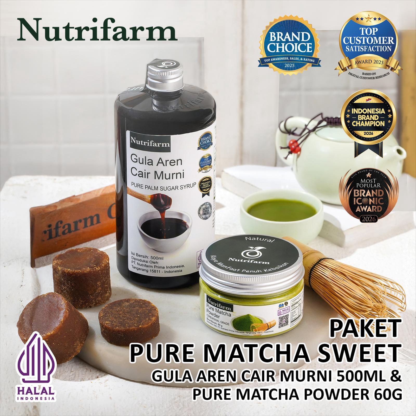 NUTRIFARM PAKET PURE MATCHA SWEET / GULA AREN CAIR 500ML DAN PURE MATCHA 60GR
