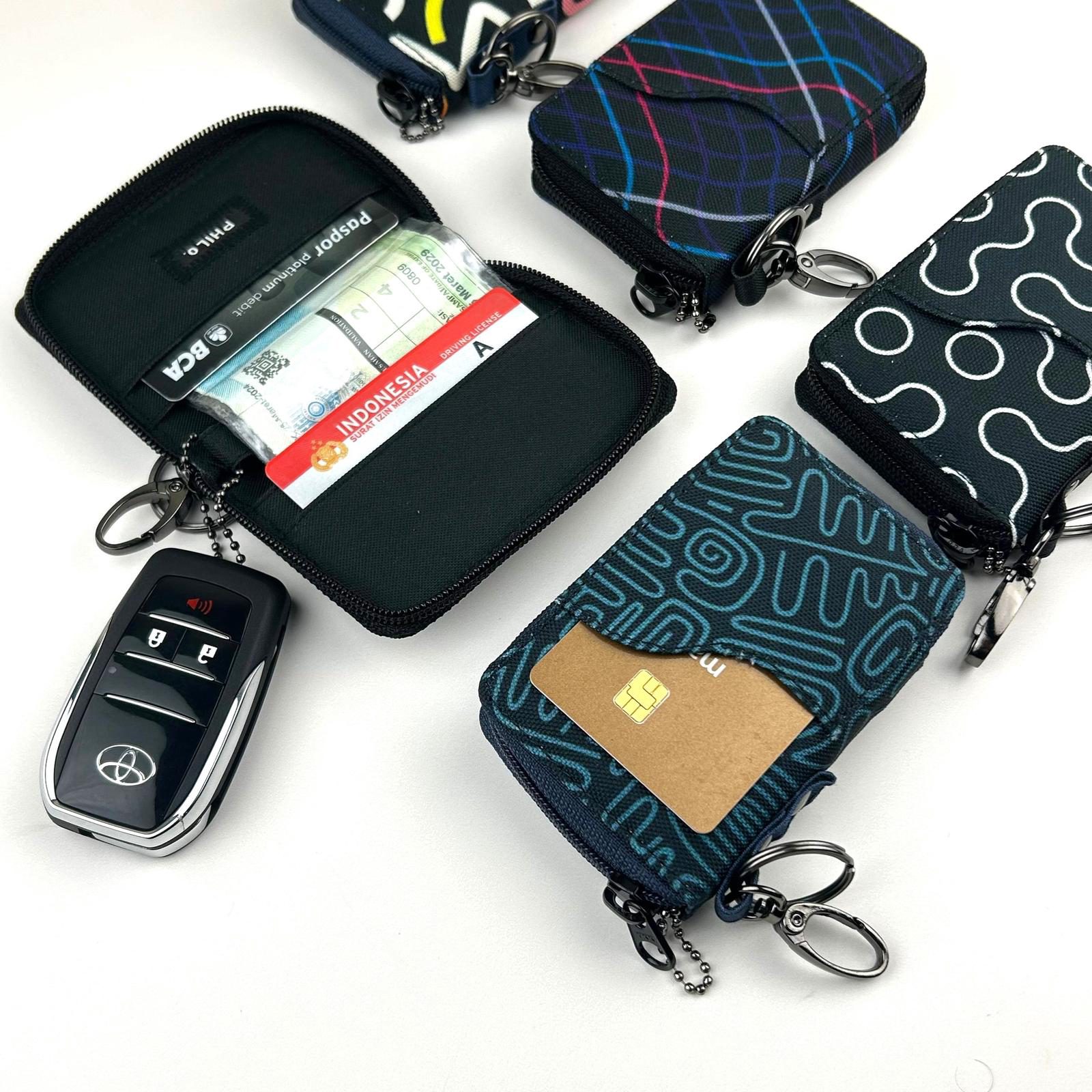 Dompet STNK motor mobil muat kartu gantungan kunci keyless kain motif