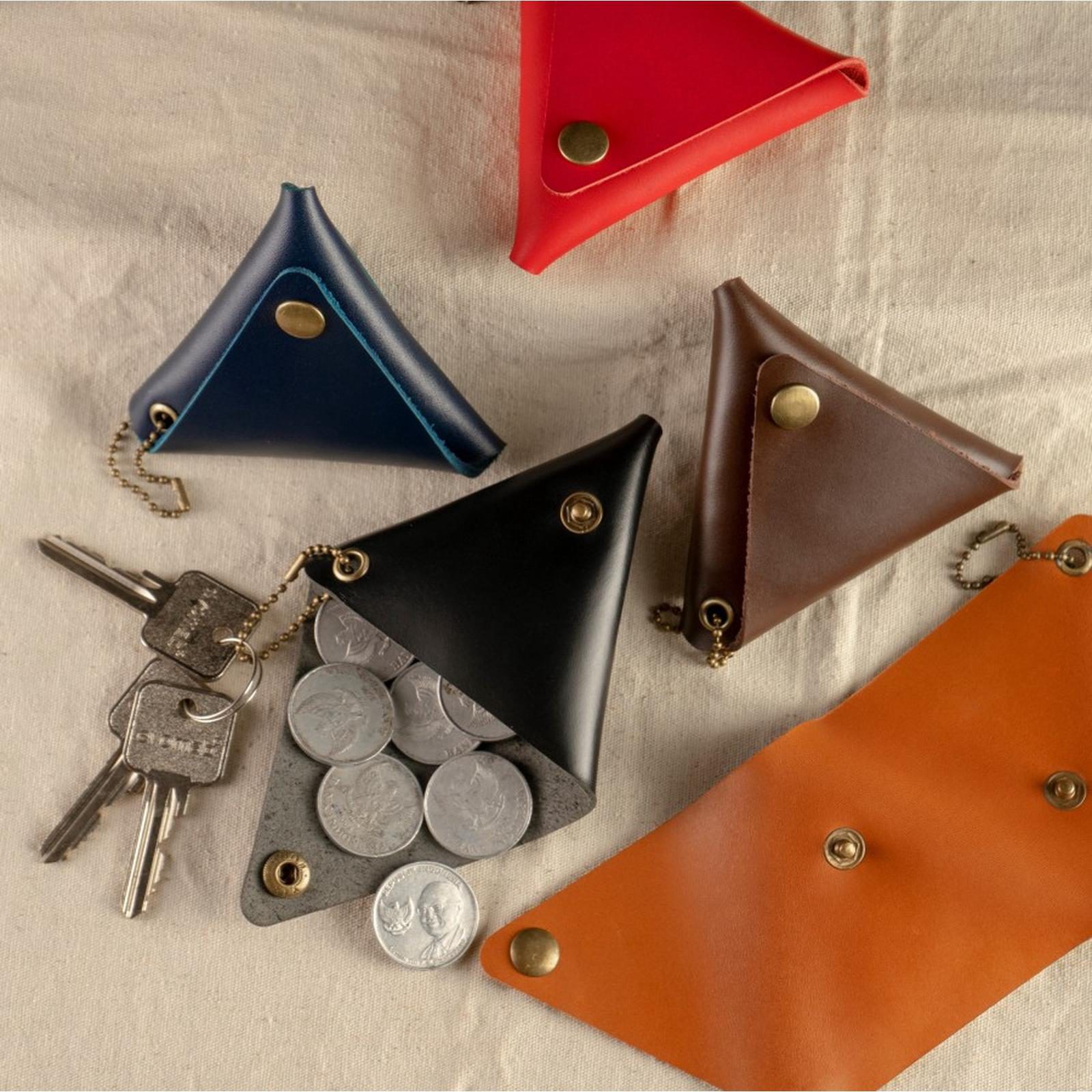 Dompet koin unik bentuk segitiga kulit asli gantungan kunci tassel 