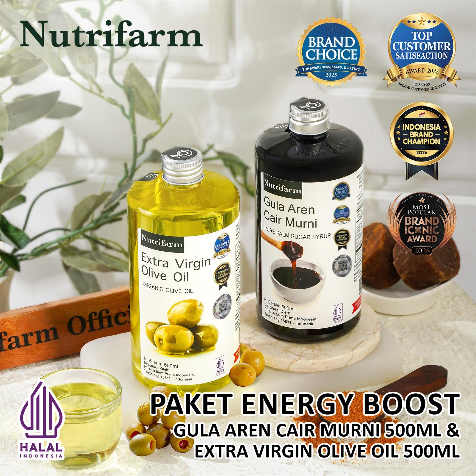 NUTRIFARM PAKET ENERGY BOOST / GULA AREN CAIR 500ML DAN EXTRA VIRGIN OLIVE OIL 500ML