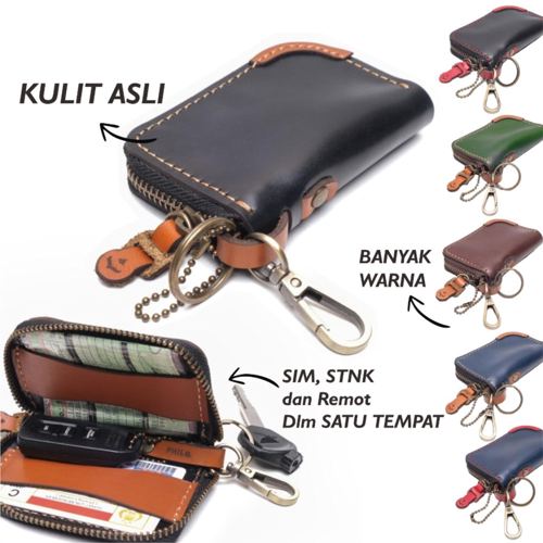 Dompet STNK kulit asli motor mobil gantungan kunci keyless resleting polet