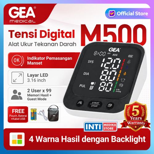 GEA - Tensimeter Digital BP-M500 DUAL USER dengan Layar LED + Indikator Warna | Alat Ukur Tekanan Darah Tensi Digital BP M500 | Blood Pressure Monitor DUAL POWER