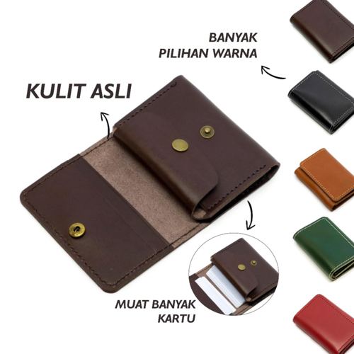Dompet kartu muat banyak kartu dan koin simpel kulit asli penutup kancing